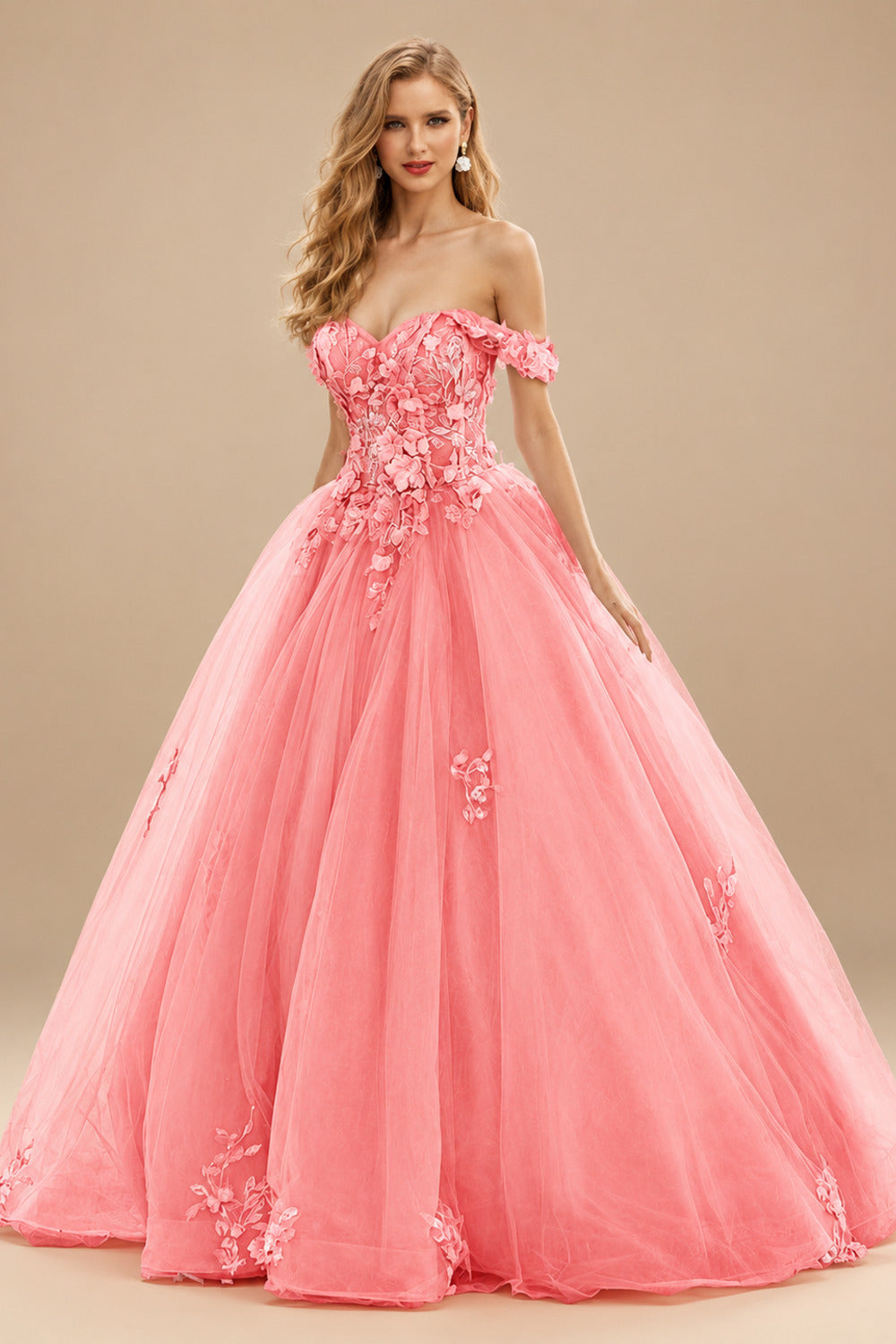 Rutipo Watermelon Ball Gown Off-the-Shoulder Long Tulle Prom Dress with Appliqued Sequins Petticoat