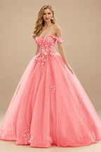 Rutipo Watermelon Ball Gown Off-the-Shoulder Long Tulle Prom Dress with Appliqued Sequins Petticoat