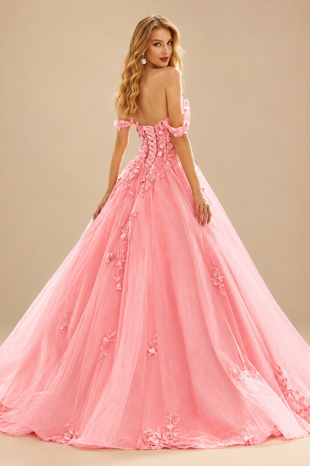 Rutipo Watermelon Ball Gown Off-the-Shoulder Long Tulle Prom Dress with Appliqued Sequins Petticoat