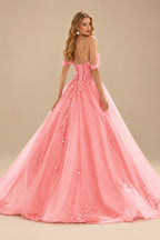 Rutipo Watermelon Ball Gown Off-the-Shoulder Long Tulle Prom Dress with Appliqued Sequins Petticoat