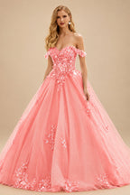 Rutipo Watermelon Ball Gown Off-the-Shoulder Long Tulle Prom Dress with Appliqued Sequins Petticoat