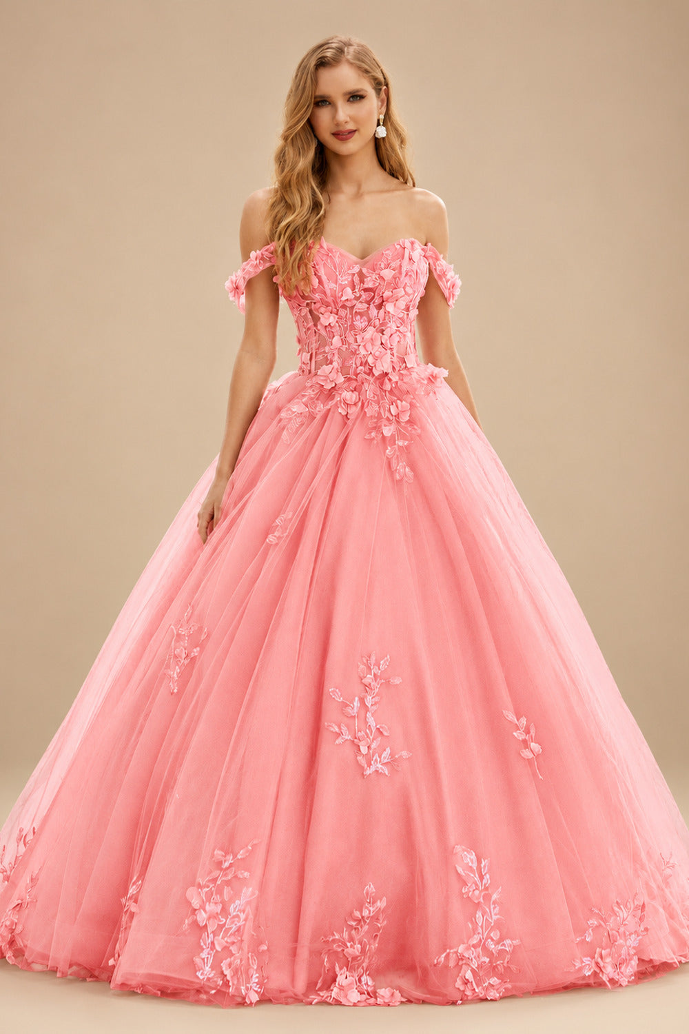 Rutipo Watermelon Ball Gown Off-the-Shoulder Long Tulle Prom Dress with Appliqued Sequins Petticoat
