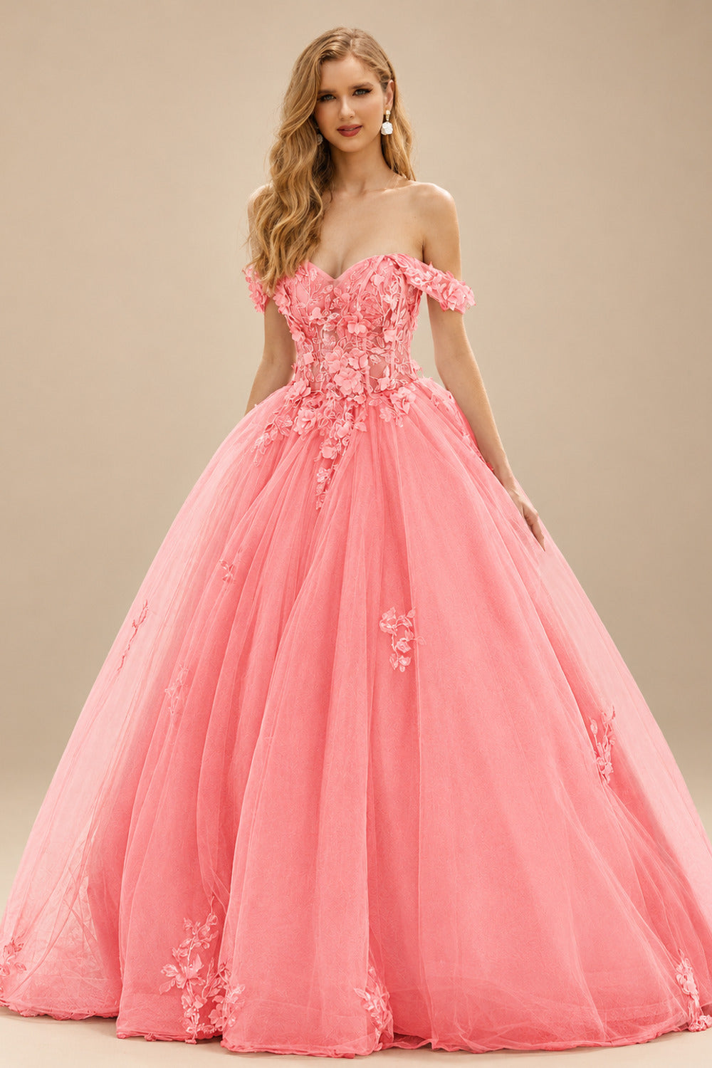 Rutipo Watermelon Ball Gown Off-the-Shoulder Long Tulle Prom Dress with Appliqued Sequins Petticoat
