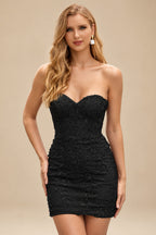 Rutipo Black Sheath/Column Sweetheart Short/Mini Tulle Homecoming Dress with Beading Lace