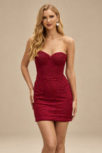 Rutipo Burgundy Sheath/Column Sweetheart Short/Mini Tulle Homecoming Dress with Beading Lace