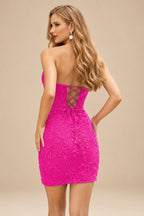 Rutipo Fuchsia Sheath/Column Sweetheart Short/Mini Tulle Homecoming Dress with Beading Lace
