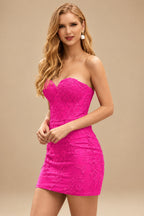 Rutipo Fuchsia Sheath/Column Sweetheart Short/Mini Tulle Homecoming Dress with Beading Lace