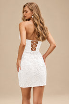 Rutipo Ivory Sheath/Column Sweetheart Short/Mini Tulle Homecoming Dress with Beading Lace