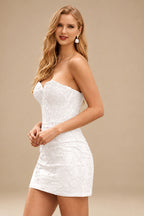 Rutipo Ivory Sheath/Column Sweetheart Short/Mini Tulle Homecoming Dress with Beading Lace