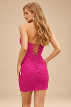 Rutipo Magenta Sheath/Column Sweetheart Short/Mini Tulle Homecoming Dress with Beading Lace
