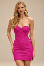 Rutipo Magenta Sheath/Column Sweetheart Short/Mini Tulle Homecoming Dress with Beading Lace