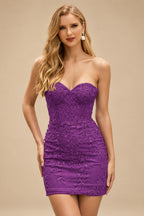 Rutipo Orchid Sheath/Column Sweetheart Short/Mini Tulle Homecoming Dress with Beading Lace