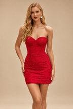 Rutipo Red Sheath/Column Sweetheart Short/Mini Tulle Homecoming Dress with Beading Lace
