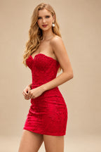 Rutipo Red Sheath/Column Sweetheart Short/Mini Tulle Homecoming Dress with Beading Lace