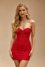 Rutipo Red Sheath/Column Sweetheart Short/Mini Tulle Homecoming Dress with Beading Lace