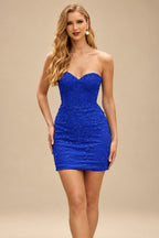 Rutipo Royal Blue Sheath/Column Sweetheart Short/Mini Tulle Homecoming Dress with Beading Lace