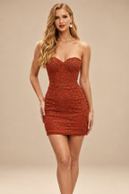 Rutipo Rust Sheath/Column Sweetheart Short/Mini Tulle Homecoming Dress with Beading Lace