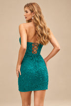 Rutipo Teal Sheath/Column Sweetheart Short/Mini Tulle Homecoming Dress with Beading Lace