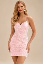 Rutipo Blushing Pink V Neck Fitted Short Sequin-Print Homecoming Dress with Glitter