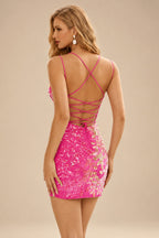 Rutipo Fuchsia V Neck Fitted Short Sequin-Print Homecoming Dress with Glitter
