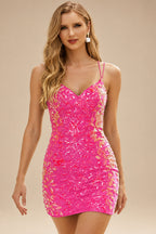 Rutipo Fuchsia V Neck Fitted Short Sequin-Print Homecoming Dress with Glitter