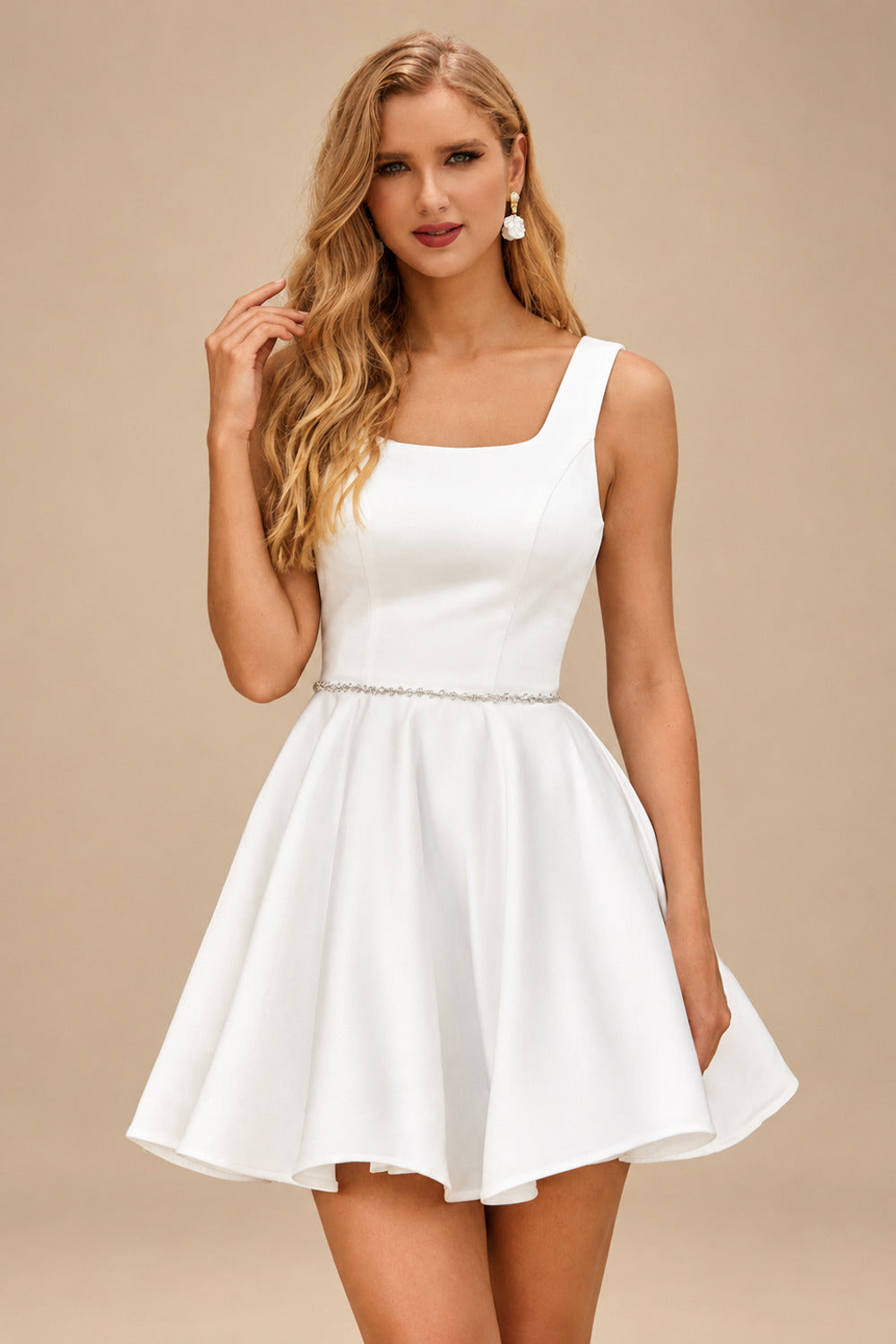 Rutipo White A-line Square Neckline Short/Mini Wedding Dress Satin with Beading Pleated