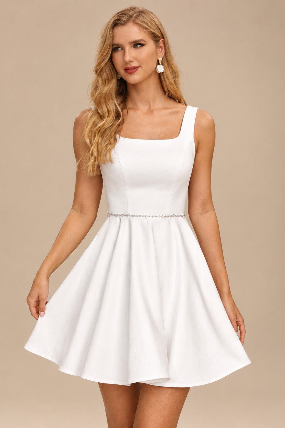Rutipo White A-line Square Neckline Short/Mini Wedding Dress Satin with Beading Pleated