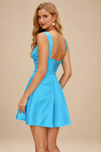 Rutipo Blue A-line Square Neckline Satin Short/Mini Homecoming Dress
