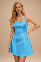Rutipo Blue A-line Square Neckline Satin Short/Mini Homecoming Dress