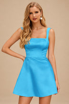 Rutipo Blue A-line Square Neckline Satin Short/Mini Homecoming Dress