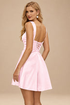 Rutipo Blushing Pink A-line Square Neckline Satin Short/Mini Homecoming Dress