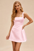 Rutipo Blushing Pink A-line Square Neckline Satin Short/Mini Homecoming Dress