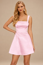 Rutipo Candy Pink A-line Square Neckline Satin Short/Mini Homecoming Dress