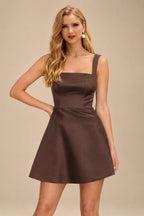 Rutipo Chocolate A-line Square Neckline Satin Short/Mini Homecoming Dress