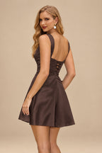 Rutipo Chocolate A-line Square Neckline Satin Short/Mini Homecoming Dress