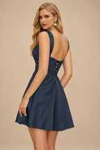 Rutipo Dark Navy A-line Square Neckline Satin Short/Mini Homecoming Dress