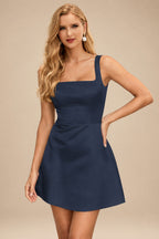 Rutipo Dark Navy A-line Square Neckline Satin Short/Mini Homecoming Dress