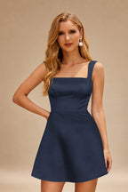Rutipo Dark Navy A-line Square Neckline Satin Short/Mini Homecoming Dress