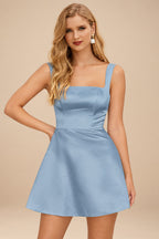 Rutipo Dusty Blue A-line Square Neckline Satin Short/Mini Homecoming Dress