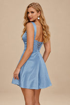 Rutipo Dusty Blue A-line Square Neckline Satin Short/Mini Homecoming Dress