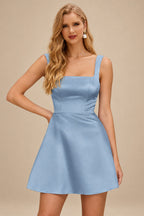 Rutipo Dusty Blue A-line Square Neckline Satin Short/Mini Homecoming Dress