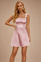 Rutipo Dusty Pink A-line Square Neckline Satin Short/Mini Homecoming Dress