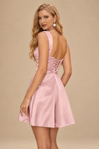 Rutipo Dusty Pink A-line Square Neckline Satin Short/Mini Homecoming Dress