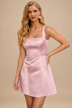 Rutipo Dusty Pink A-line Square Neckline Satin Short/Mini Homecoming Dress