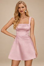 Rutipo Dusty Pink A-line Square Neckline Satin Short/Mini Homecoming Dress