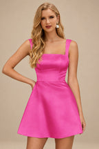 Rutipo Fuchsia A-line Square Neckline Satin Short/Mini Homecoming Dress