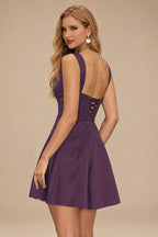 Rutipo Grape A-line Square Neckline Satin Short/Mini Homecoming Dress