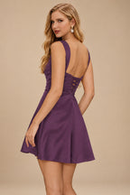 Rutipo Grape A-line Square Neckline Satin Short/Mini Homecoming Dress