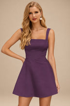 Rutipo Grape A-line Square Neckline Satin Short/Mini Homecoming Dress