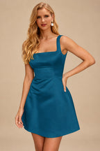 Rutipo Ink Blue A-line Square Neckline Satin Short/Mini Homecoming Dress